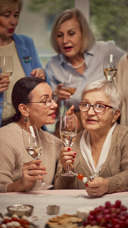 Group of elderly women meeting at home, drinking wine and discussing news. Attentive listeners and...