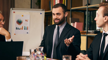 Group of business professionals in formal attire discussing charts and graphs during meeting in...