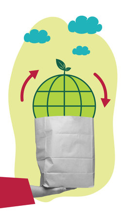 Hand holding paper bag with globe and recycling arrows, promoting use of eco-friendly packaging to reduce waste and environmental impact. Conceptual art collage.の写真素材