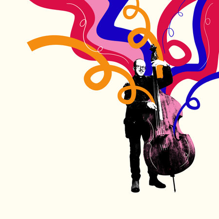 Double bass with swirls of sound Double bass player is surrounded by multicolored swirling ribbons against light background. Jazz and classical music. Creative art collage.の写真素材