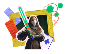 Woman in historical armor and face mask holding large thermometer, framed by pills and virus...