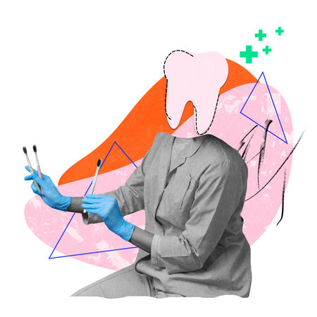 Dentist in gloves holding toothbrushes, surrounded by abstract shapes and tooth graphic, representing modern dental care. Contemporary art collage.の写真素材