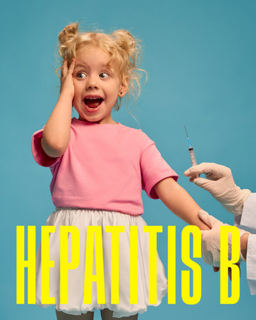 Emotive little girl receiving Hepatitis B vaccine. Conceptual design. Hepatitis B Vaccine Awareness...
