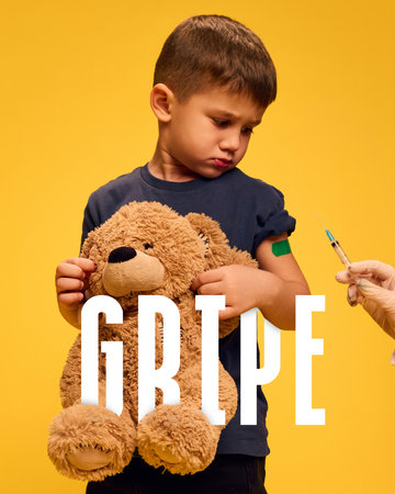 Boy, child with teddy bear toy receiving flu vaccine. Conceptual design. Spanish word GRIPE meaning...