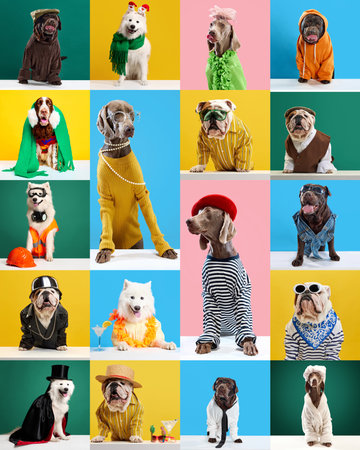 Playful collage showcases diverse group of dogs dressed in stylish human attire set against multicolored background. Perfect for pet fashionの写真素材