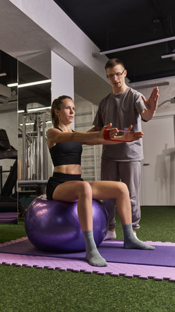 Female patient practicing arm stretches with resistance bands while physiotherapist provides guidance during rehabilitation session.の写真素材