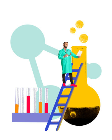 Male scientist in lab coat stands on ladder beside large flask. Test tubes and on background....