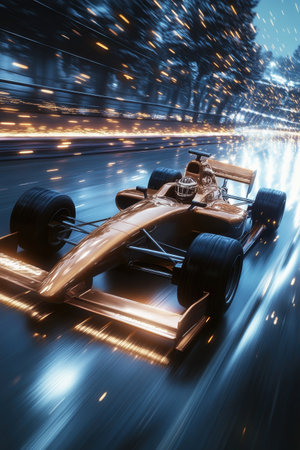 Sleek, mocha colored Formula 1 race car speeding down rainy track at nigh. Sparkles showing high speedの素材
