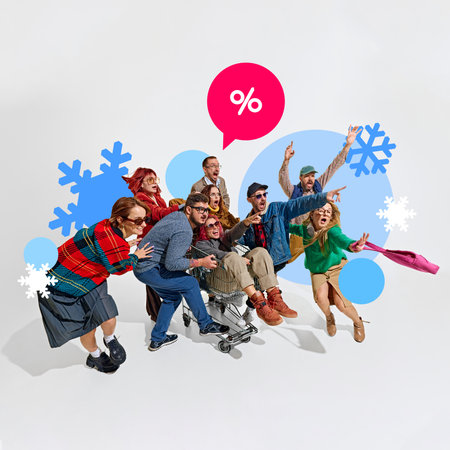 Excited men and women, shoppers chasing after sale symbol represented by pink speech bubble and...