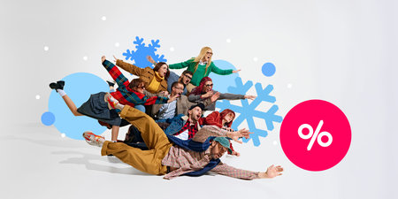 Group of people enthusiastically sliding and reaching towards SALE tag, with snowflakes and vibrant...