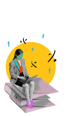 Businesswoman seating on stacked folders with laptop, surrounded by floating numbers, symbolizing organized accounting and financial management.の写真素材