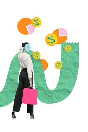 Businesswoman pointing to charts with dollar signs, symbolizing profit analysis, financial reporting, and business insights.の写真素材