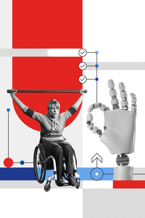 Young woman in wheelchair exercising with robotic hand nearby, highlighting adaptive technology and physical fitness innovations.の写真素材