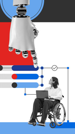Robotic hand points at man in wheelchair works on laptop, showcasing inclusive technology solutions. Conceptual design.の写真素材