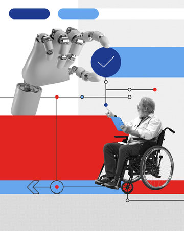 Robotic hand interacting with elderly man in wheelchair holding clipboard, representing integration of robotics in supportive healthcare.の写真素材