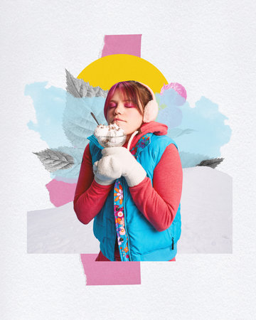 Young woman with bright makeup, in knitted gloves tasting delicious dessert, savoring winter treat, against abstract design elements. Contemporary art collage.の写真素材