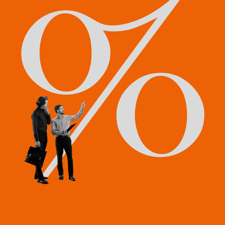 Two businessmen standing next to large percentage sign, engaged in serious discussion, Evaluating performance metrics, analyzing revenueの写真素材