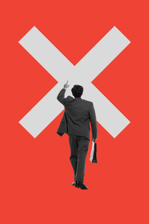 Businessman walks confidently toward large white X on red background, symbolizing challenges, goals, or rejection in business. Contemporary art collage.の写真素材