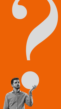 Businessman standing with large question mark on his hand, symbolizing uncertainty, solutions on orange background. Contemporary art collage.の写真素材