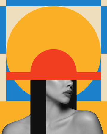 Half face black and white portrait of attractive young woman again colorful background with abstract...