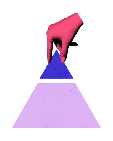 Abstract image of hand stacking pyramid layers, representing hierarchy, strategy, and organization...