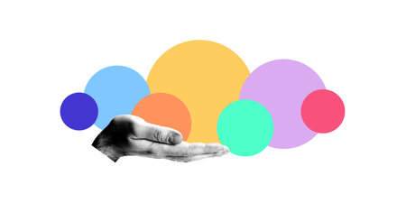 conceptual illustration of open hand holding multiple colorful circles, symbolizing creativity, innovation, and collaborationの写真素材