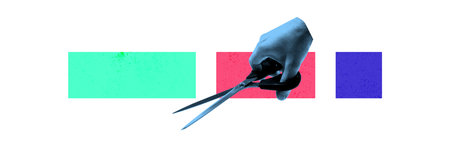 Abstract design of hand with scissors cutting colorful rectangles, symbolizing decision-making,...