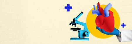 Microscope and hand holding heart, representing integration of science and cardiology in healthcare...