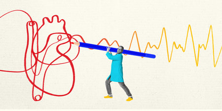 Medical professional holding pencil, drawing heart and ECG line, symbolizing professional treatment...