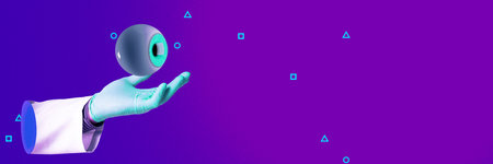 Vibrant design of gloved hand holding stylized human eye, emphasizing ophthalmology and vision health. Contemporary art collage.の写真素材