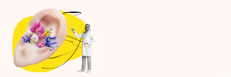 Artistic composition with doctor pointing at human ear filled with flowers, symbolizing hearing health and wellness. Contemporary art collage.の写真素材