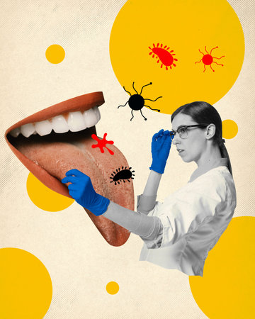 Female doctor examining tongue surrounded by colorful bacteria illustrations. Contemporary art collage.の写真素材