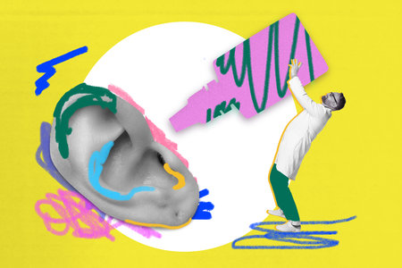 Male doctor using ear drops for care and treatment, against yellow background with abstract doodles. Hearing health and audiology. Contemporary art collage.の写真素材