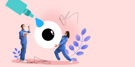 Doctors handling large eye and dropper bottle. Eye care and vision treatment. Contemporary art collage.の写真素材
