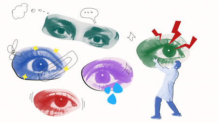 Abstract representation of various eyes with emotions, observed by a doctor figure. Vision health and emotional expression. Contemporary art collage.の写真素材