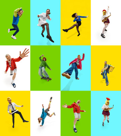 Creative collage of different people, men and women demonstrating different lifestyle and professions on green, blue, and yellow backdropsの写真素材
