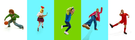 Collage made of cheerful people of different age and gender expressing joy and happiness. Child, basketball and soccer players, musicianの写真素材
