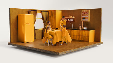 A family of four sharing a meal in a retro-style yellow kitchen, showcasing warm tones and nostalgic vibes. 3D model of room.の写真素材
