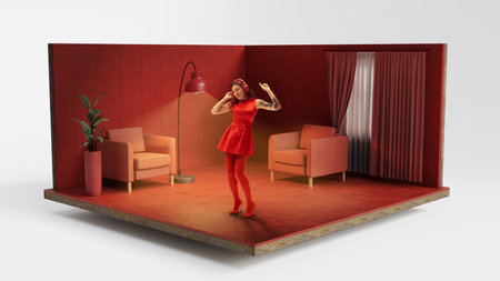 A cheerful young woman in red dress dancing joyfully in a red-themed living room, wearing headphones and surrounded by minimalist furniture. 3D model of room.の写真素材