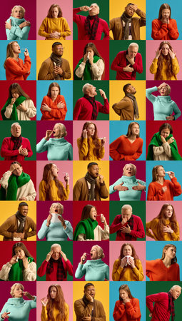 Collage of diverse people displaying various symptoms of common illnesses, including colds, headaches, stomachaches, and nasal congestion against vibrant backgrounds.の写真素材