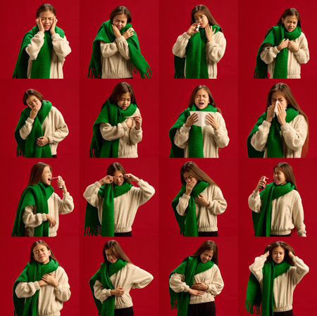 Teen girl in beige sweater and green scarf displaying flu-like symptoms, including coughing, sneezing, and chest and head pains on red background.の写真素材