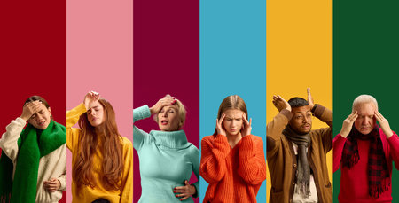 Collage of different people of diverse age showing expressions of headaches, each standing against multicolored backgroundの写真素材
