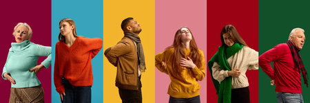 Diverse group of people of different age and gender showing back pain, set against colorful backgrounds, representing common health issues.の写真素材