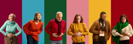 Diverse group of people of different age holding their stomachs in pain, depicting symptoms of indigestion, food poisoning, abdominal illnessの写真素材