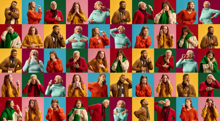Large collage featuring diverse people showing range of illness symptoms, including coughing, sneezing, headaches, and stomach pain, on colorful backgrounds.の写真素材