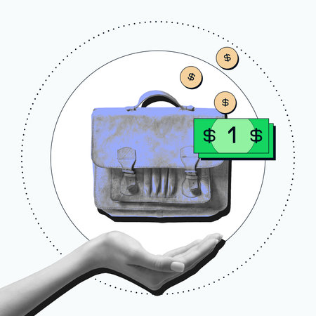 Hand holding briefcase with dollar signs and green bills, symbolizing financial security and savings through insurance. Conceptual design.の写真素材