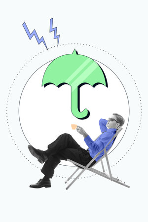 Man in deck chair under green umbrella with lightning symbols, representing peace of mind provided by insurance. Conceptual design.の写真素材