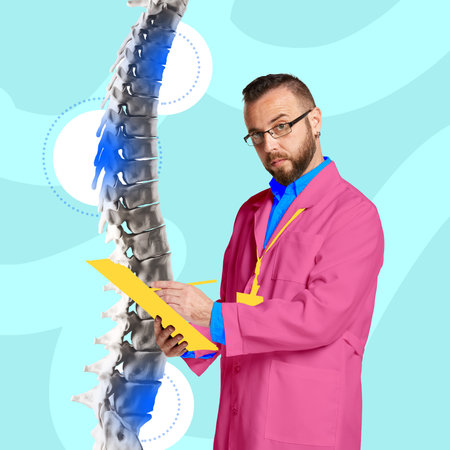 Male doctor in pink lab coat analyzing large spine model with highlighted problematic areas. Illustrating advanced medical practices. Conceptual design.の写真素材