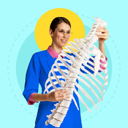 Smiling female doctor examines ribcage model, symbolizing medical education and human anatomy research. Conceptual design.の写真素材