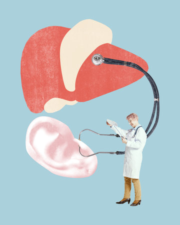 Creative medical art with stethoscope connecting liver and ear illustration, showcasing liver...